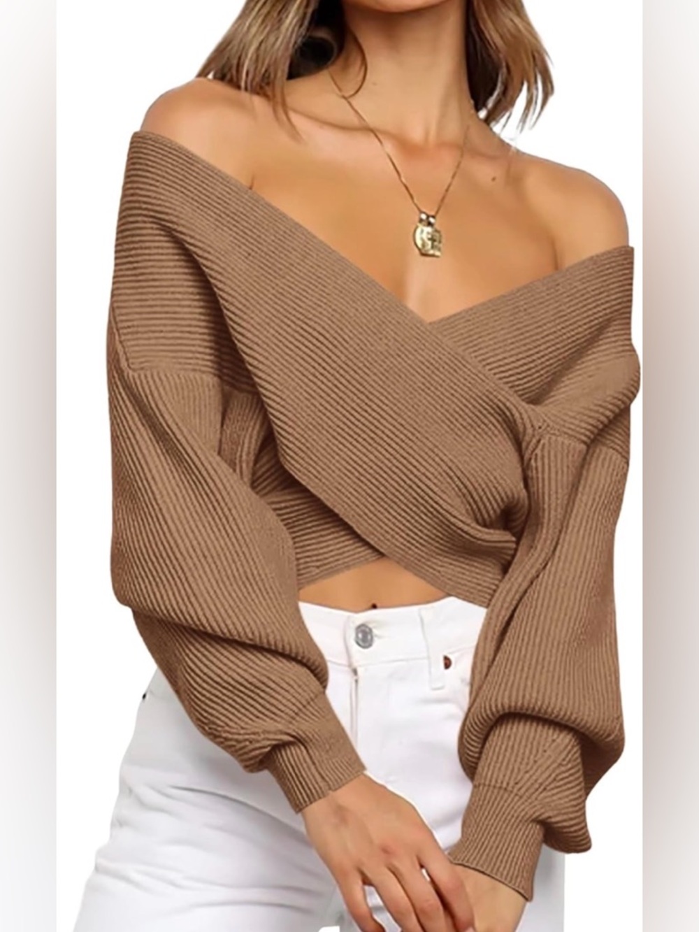 Off-Shoulder Cropped Knit Sweater in Camel